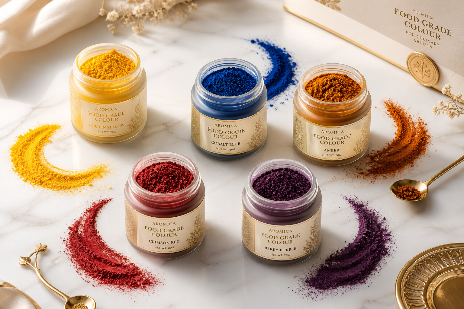 The Sanare Labb collection of premium food-grade colorants in jars with vibrant powders on marble